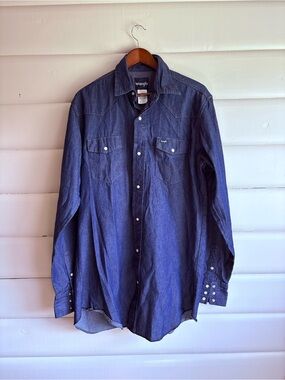 Wrangler Western Pearl Snap Denim Shirt XL Tall 16.5x37 Cowboy Ranch Workwear